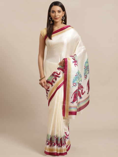 

KALINI Cream-Coloured Solid Saree