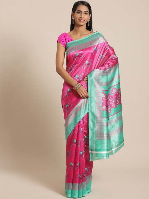 

KALINI Pink & Sea Green Quirky Print Mysore Silk Saree
