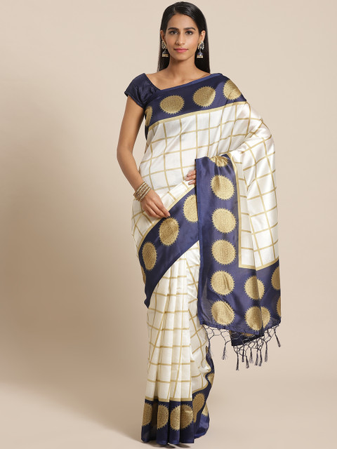 

KALINI White & Golden Checked Mysore Silk Saree