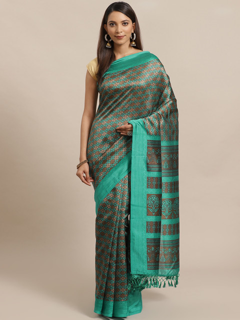 

KALINI Teal Green & Brown Printed Saree