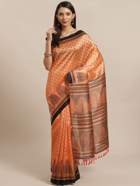 

KALINI Peach-Coloured & Black Floral Printed Saree