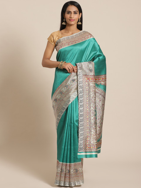 

KALINI Green & Beige Solid Mysore Silk Saree