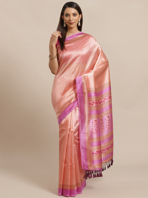 

KALINI Peach-Coloured & Pink Ethnic Print Saree