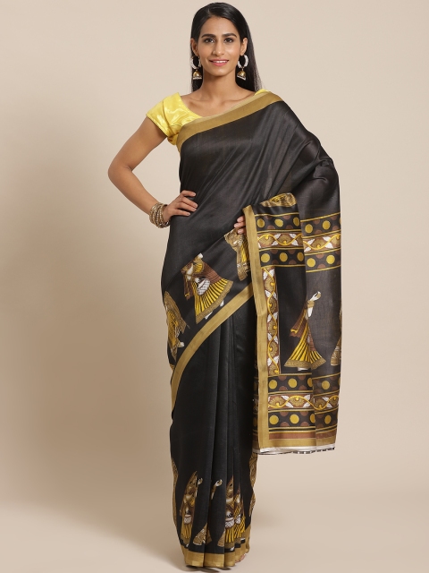 KALINI Black & Mustard Yellow Ethnic Motifs Print Saree