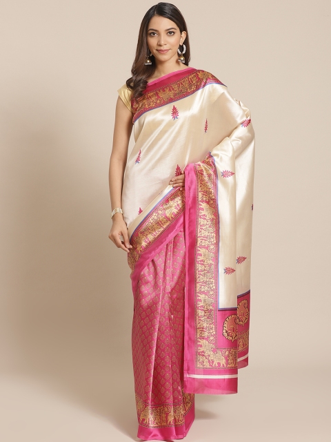 

KALINI Off-White & Pink Printed Half & Half Mysore Silk Saree
