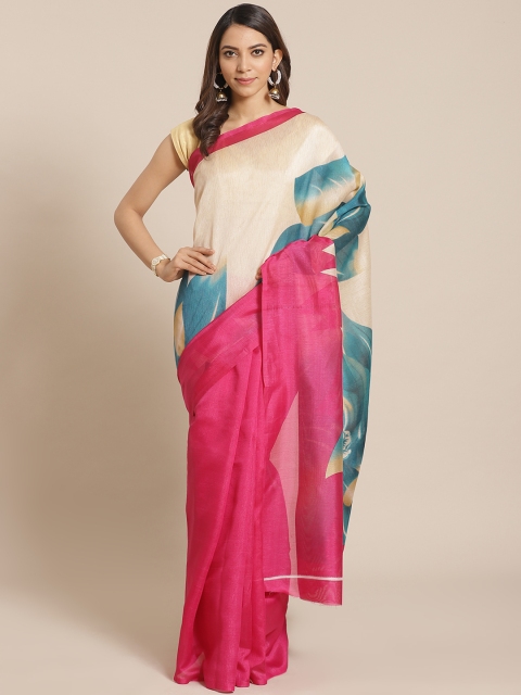 

KALINI Pink & Off-White Floral Print Half & Half Mysore Silk Saree