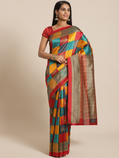 

KALINI Red & Green Checked Mysore Silk Saree