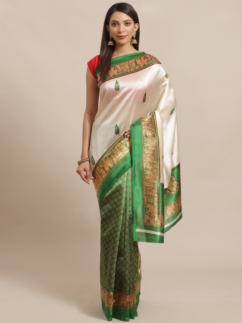 

KALINI Green & White Ethnic Print Mysore Silk Saree