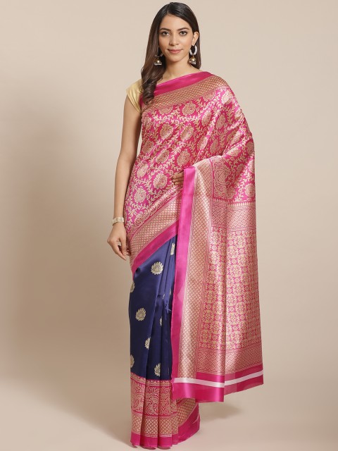 

KALINI Pink & Navy Blue Woven Design Half & Half Mysore Silk Saree