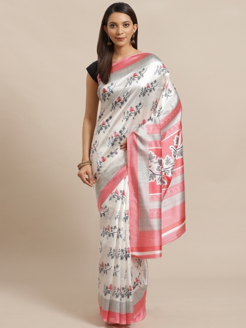 

KALINI White & Navy Blue Printed Mysore Silk Saree