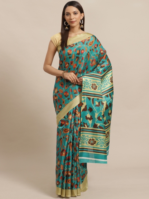 

KALINI Teal Green & Coffee Brown Art Silk Printed Saree