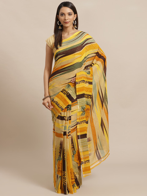 

KALINI Mustard Yellow & Brown Printed Saree