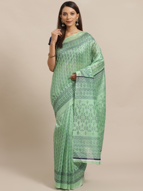 

KALINI Mint Green & Navy Blue Geometric Print Saree