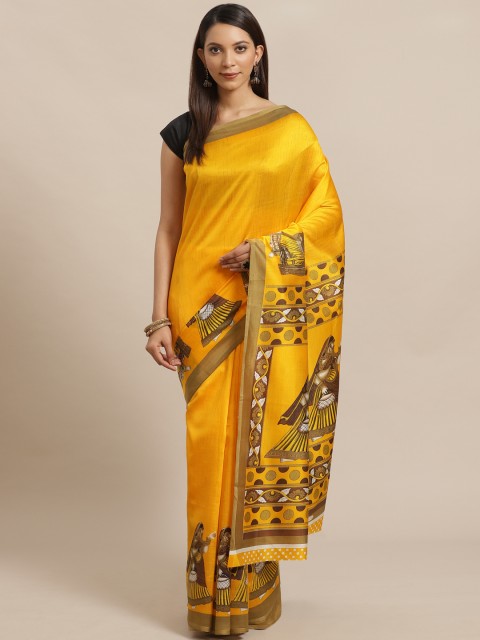 

KALINI Mustard Yellow & Brown Ethnic Motifs Print Saree