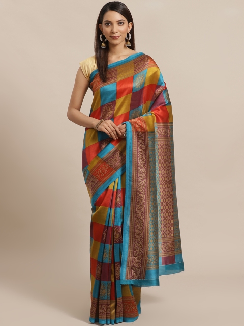 

KALINI Blue & Mustard Brown Checked Mysore Silk Saree