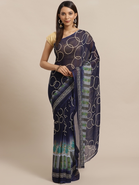 

KALINI Navy Blue & Cream-Coloured Printed Saree