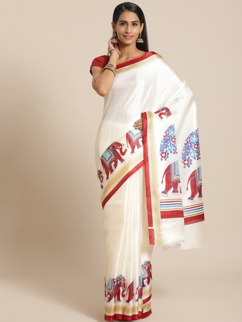 

KALINI Off-White & Maroon Solid Saree