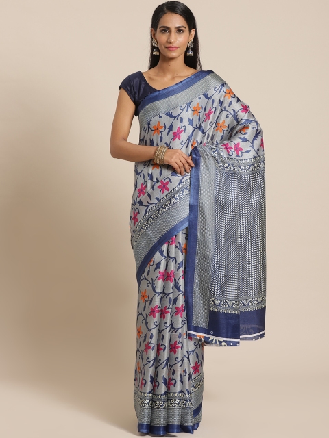 

KALINI Grey & Blue Printed Mysore Silk Saree