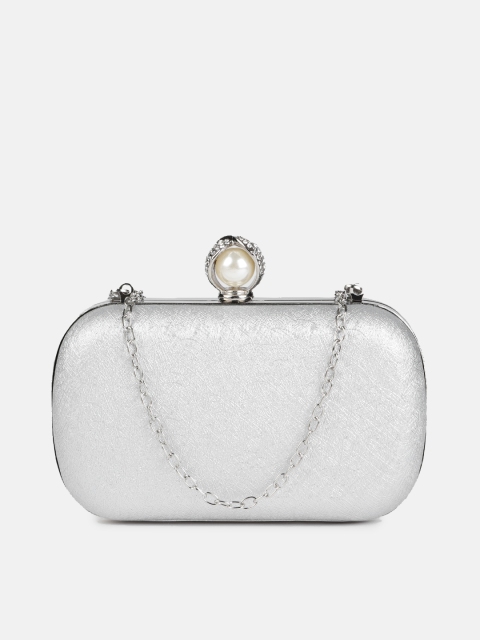 

Anouk Silver-Toned Textured Embellished Box Clutch with Chain Strap