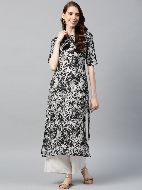 

I AM FOR YOU Women Black & Off-White Printed Straight Kurta