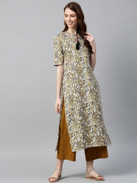 

I AM FOR YOU Women Beige & Off-White Printed Straight Kurta