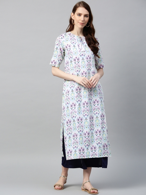 

I AM FOR YOU Women White & Purple Printed Straight Kurta