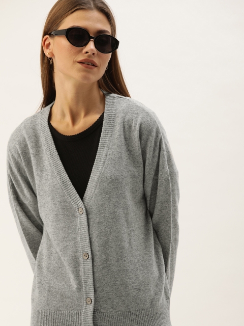 

MERAKI Women Grey Melange Solid Drop Shoulder Cardigan Sweater