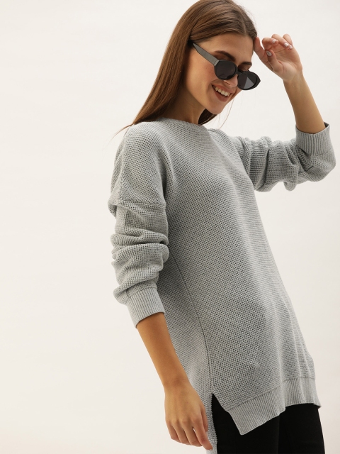 

MERAKI Women Grey Self Design Pullover Sweater With Drop Shoulder Sleeves