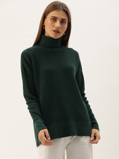

MERAKI Women Teal Green Self Design Pullover Sweater With Drop Shoulder Sleeves