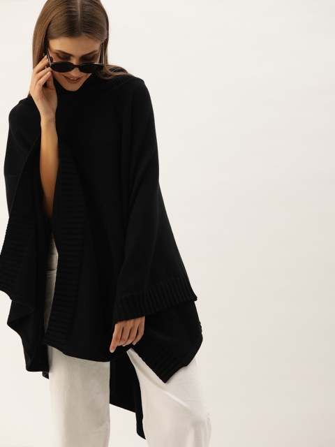

MERAKI Women Black Ribbed Oversized Poncho Sweater