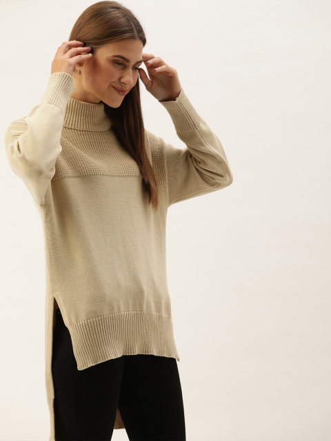 

MERAKI Women Beige Self Design Pullover Sweater With Drop Shoulder Sleeves