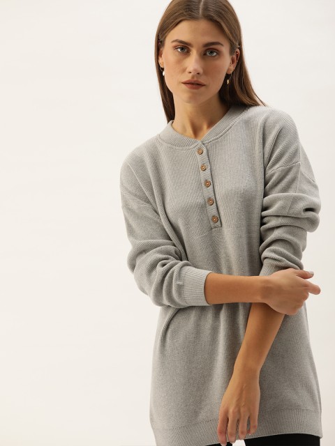 

MERAKI Women Grey Self Design Pullover Sweater With Drop Shoulder Sleeves