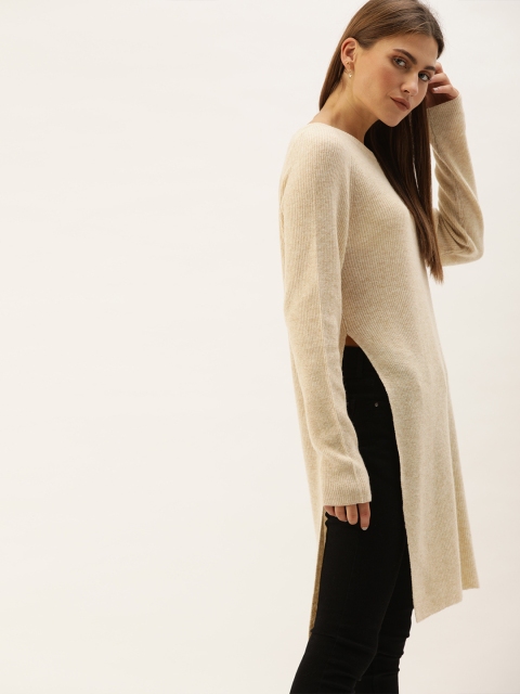 

MERAKI Women Beige Solid Pullover Longline Sweater With Side Slits