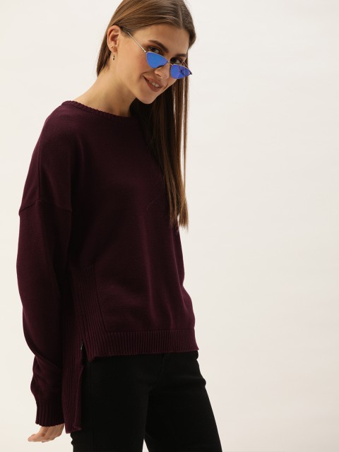 

MERAKI Women Burgundy Solid High Low Drop Shoulder Pullover Sweater
