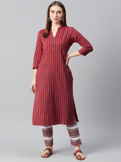 

anayna Women Red & White Self Design Kurta with Printed Trousers