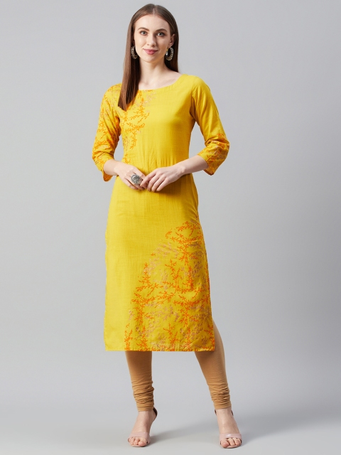 

anayna Women Yellow & Orange Block Print Straight Kurta