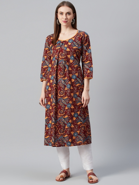 

anayna Women Burgundy & Mustard Yellow Printed Straight Kurta