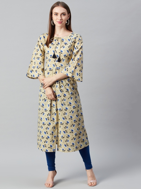 

anayna Women Beige & Blue Floral Print A-Line Kurta