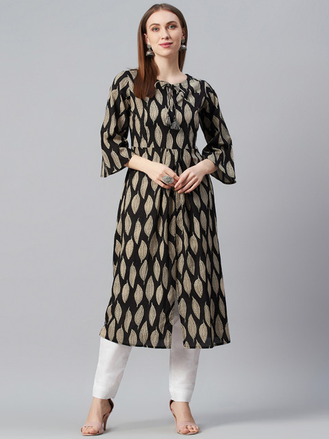 

anayna Women Black & Beige Printed A-Line Kurta