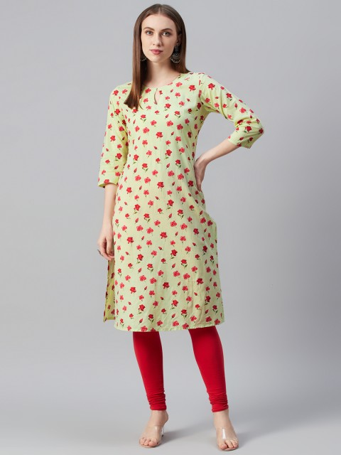 

anayna Women Green & Red Floral Print Straight Kurta