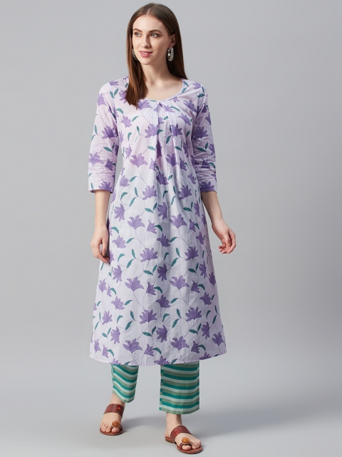 

anayna Women Lavender & Green Floral Print Kurta with Palazzos