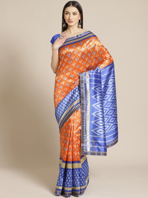 

Mitera Orange & Blue Printed Saree