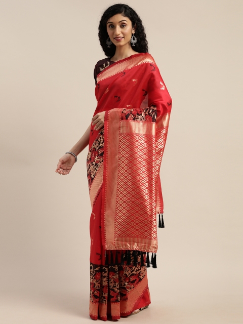 

Om Shantam Sarees Red & Golden Silk Blend Woven Design Banarasi Saree