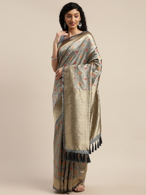 

Om Shantam Sarees Grey & Golden Silk Blend Woven Design Banarasi Saree