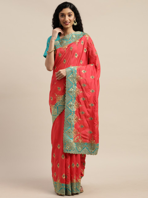 

Om Shantam Sarees Pink Embroidered Silk Blend Saree