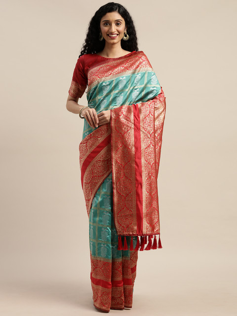 

Om Shantam Sarees Red & Turquoise Blue Art Silk Woven Design Banarasi Saree