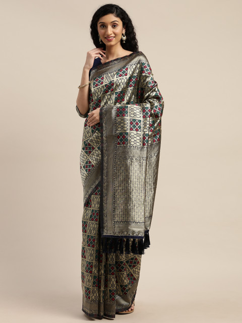 

Om Shantam Sarees Navy Blue & Gold-Toned Silk Blend Woven Design Banarasi Saree