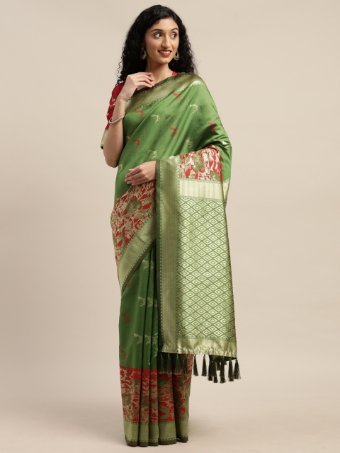 

Om Shantam Sarees Green Silk Blend Woven Design Banarasi Saree