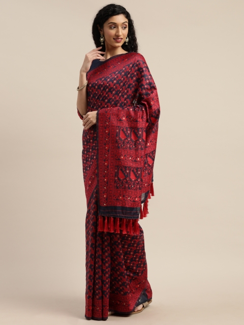 

Om Shantam Sarees Red & Navy Blue Silk Cotton Woven Design Jamdani Saree