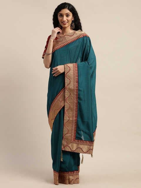 

Om Shantam Sarees Teal Blue Solid Poly Crepe Saree with Embroidery